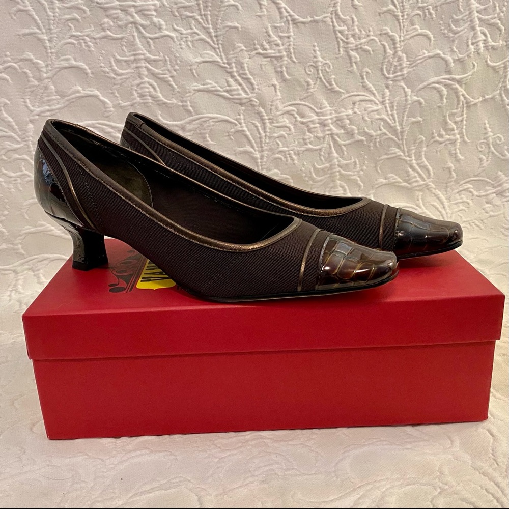 Brown Fabric and Faux Croc Patent Kitten Heels